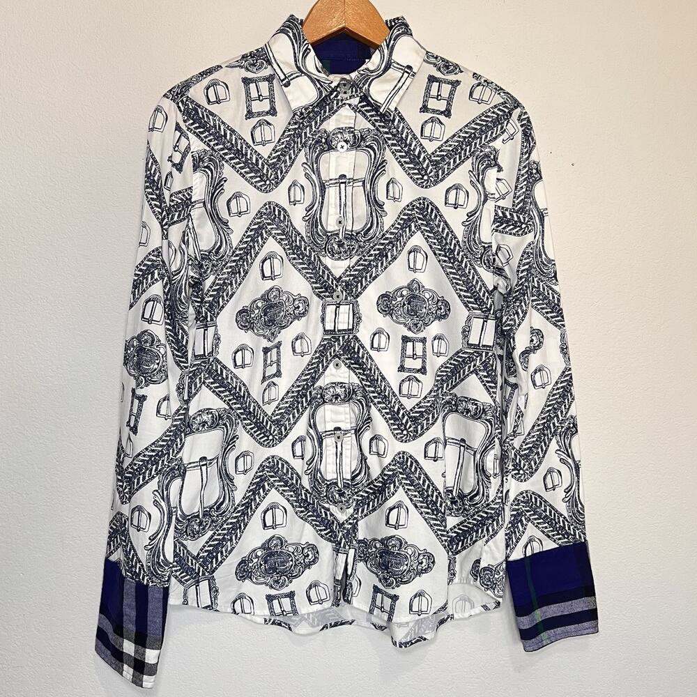 Tizzie Shirt Women’s Size M Blue White Equestrian Belt Print Button Long Sleeve